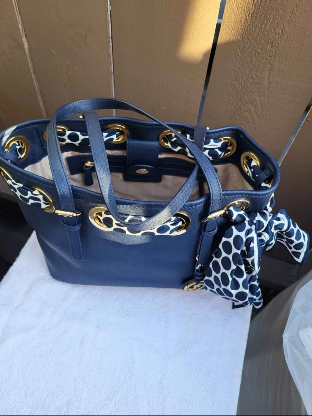 Michael Kors Navy Leather Tote Bag with Gold Hardware